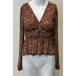 Boho Chic Babydoll Long Sleeve Sheer Womens Blouse XS Mocha Forest Fairy Peasant